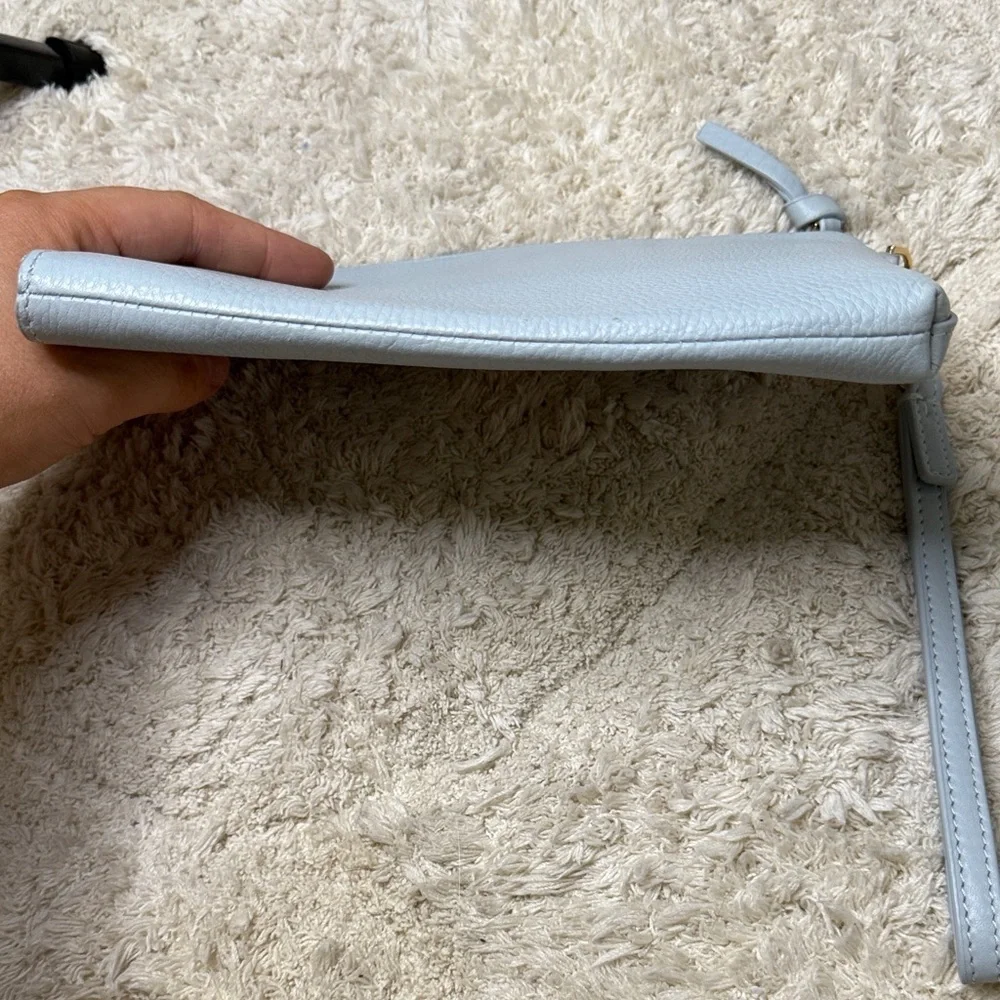 Tory Burch Sky Blue Britten Large Zip Pouch Wristlet with Gold Logo